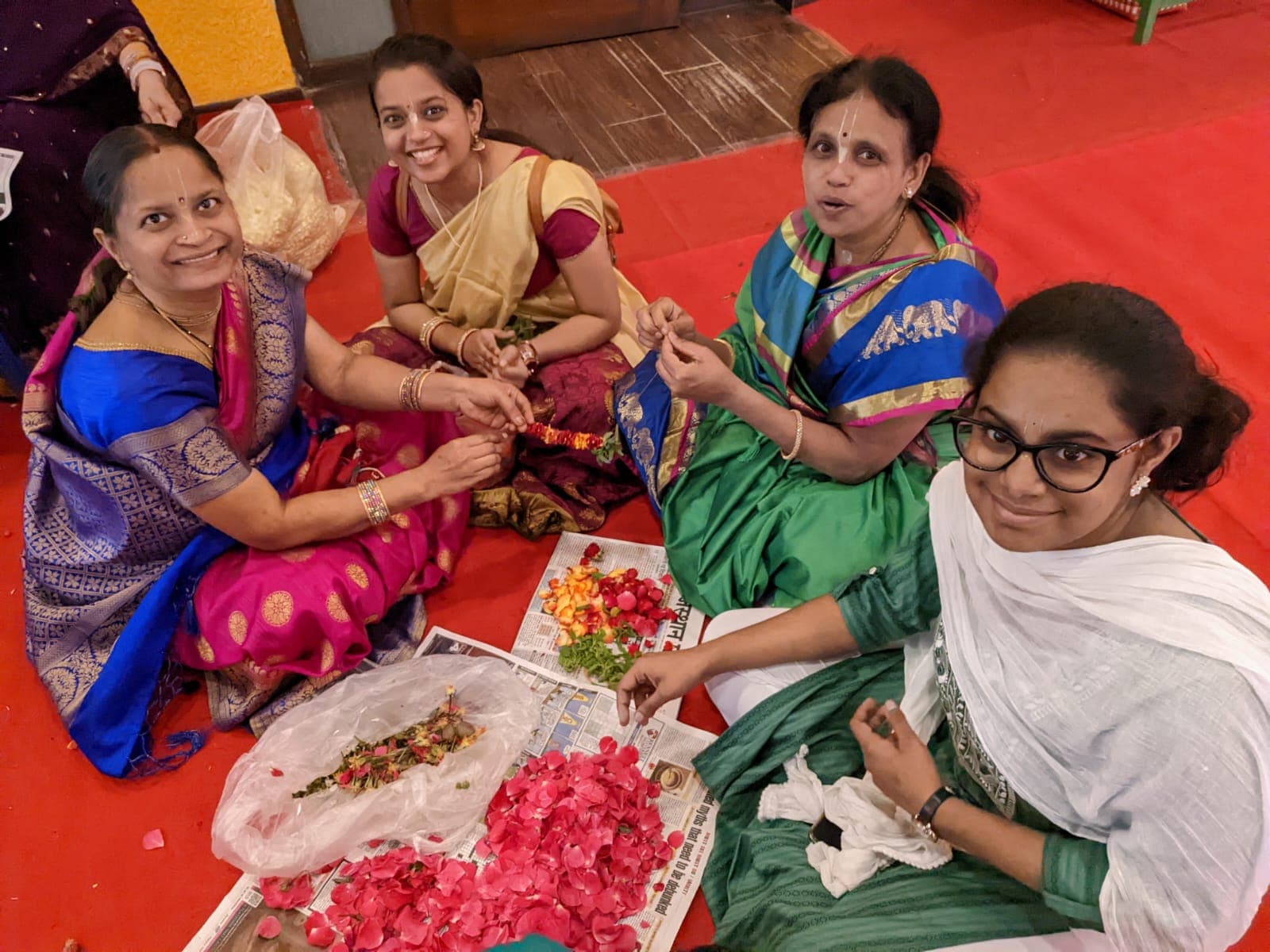 Flower decoration seva in progress